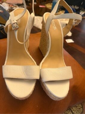 Michael Kors Cream Leather Espadrille Wedge Sandals